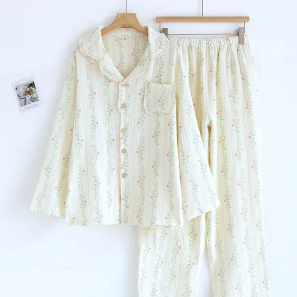 The Bloom - 100% Muslin Cotton Pajama in Blossom Lines - Picture 1 of 3